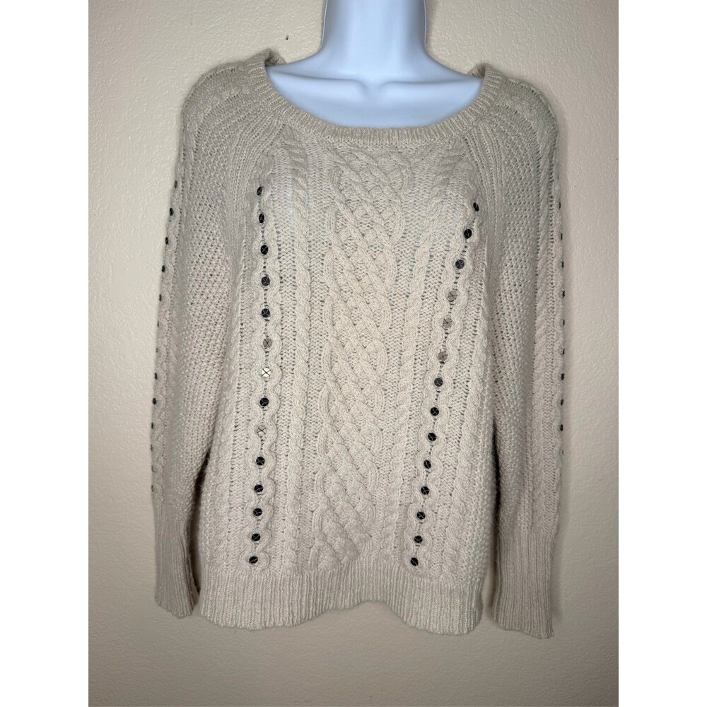 Joie Cable Knit Sweater Crew Neck Long Sleeve Beige embellished sz S Soft